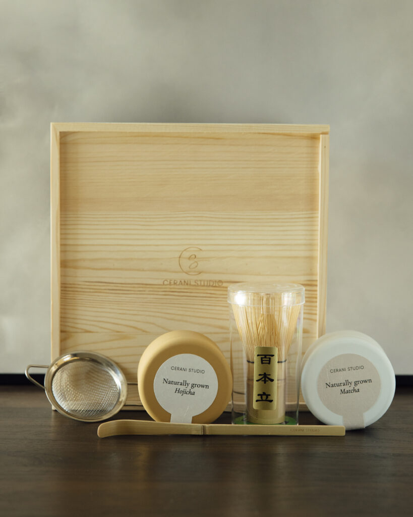 Cerani Studio tea gift set: wooden box, whisk, scoop, sifter and tea tins